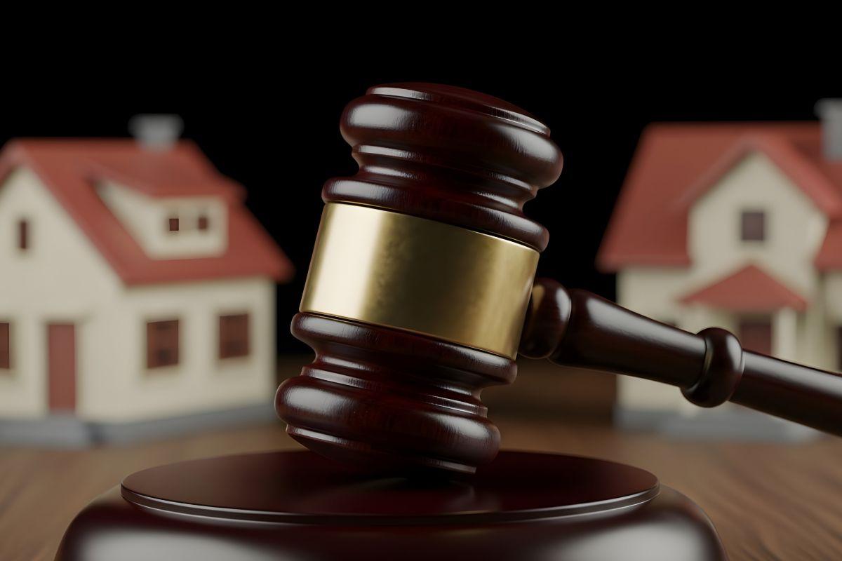 Houses behind a gavel indicating housing law is changing